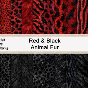 May include: A digital collage of 24 seamless patterns featuring red and black animal fur prints. The patterns include leopard, zebra, and other animal fur textures. 300 dpi jpeg.