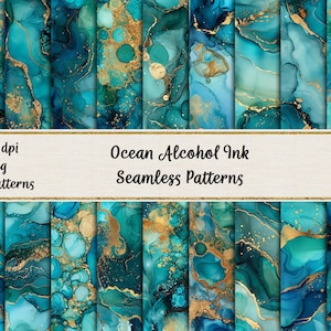 Puede incluir: 18 patrones de papel digital sin costuras con diseños abstractos inspirados en el océano con tintas de alcohol azules, verde azulado y doradas. 300 dpi, jpeg.