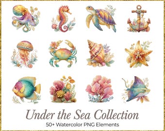 Watercolor Under the Sea Clipart: 50+ Pastel Ocean PNG (Digital Download)