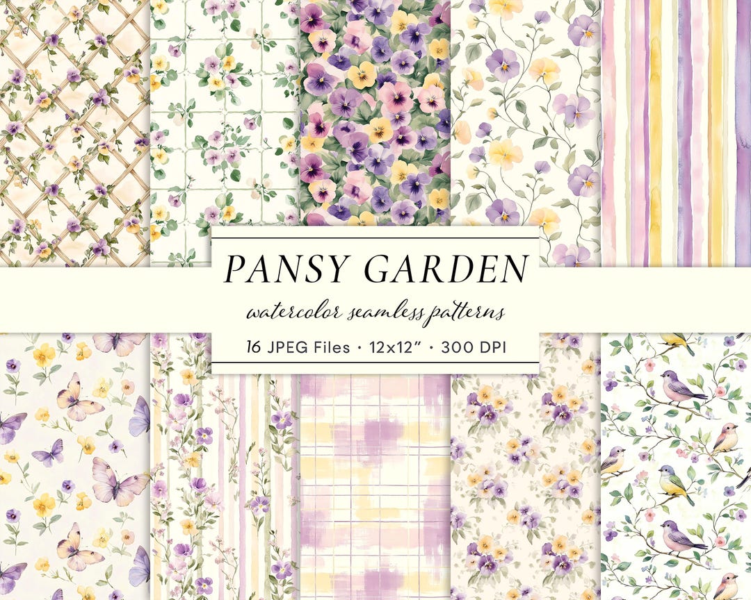 Pansy Garden Seamless Patterns Bundle, Watercolor Spring Floral Digital ...