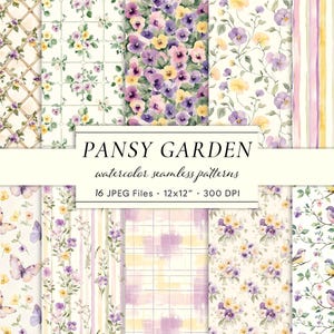 Może przedstawiać: Kolekcja bezszwowych wzorów akwarelowych zatytułowana "Pansy Garden". Wzory przedstawiają kwiatowe motywy z bratkami, motylami i ptakami w odcieniach fioletu, żółci i zieleni. Wzory mają wymiary 30,48 x 30,48 cm i 300 DPI.