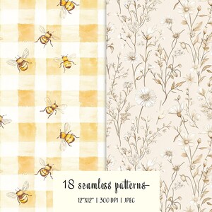 Puede incluir: Dos patrones digitales sin costuras. Uno presenta abejas de acuarela sobre un fondo a cuadros amarillo y blanco. El otro muestra un dise&ntilde;o floral con flores blancas y tallos marrones sobre un fondo beige. El texto dice "18 patrones sin costuras".