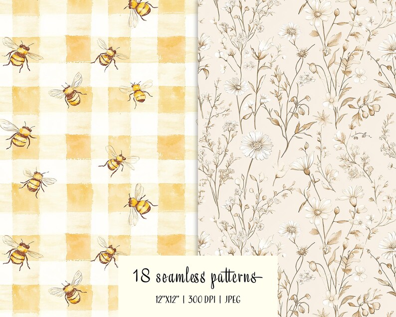Puede incluir: Dos patrones digitales sin costuras. Uno presenta abejas de acuarela sobre un fondo a cuadros amarillo y blanco. El otro muestra un dise&ntilde;o floral con flores blancas y tallos marrones sobre un fondo beige. El texto dice "18 patrones sin costuras".