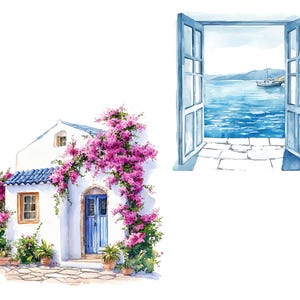 May include: Watercolor painting of a white building with a blue door and roof, adorned with vibrant pink flowers. Open blue window frames a view of the sea and a boat. The artwork evokes a Mediterranean theme.