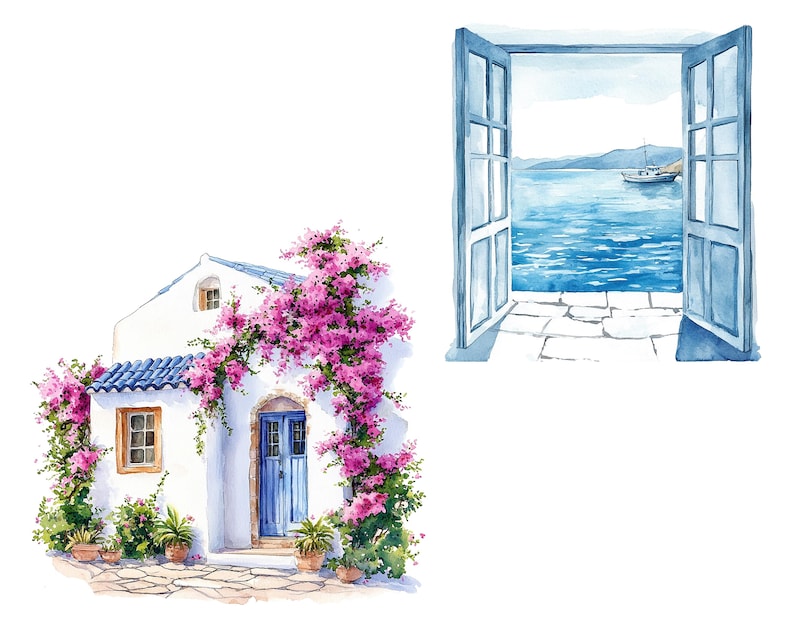 May include: Watercolor painting of a white building with a blue door and roof, adorned with vibrant pink flowers. Open blue window frames a view of the sea and a boat. The artwork evokes a Mediterranean theme.
