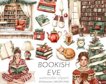 May include: A watercolour illustration depicting a cosy reading scene with a woman in plaid pyjamas reading a book. Includes a Christmas tree, books, a red typewriter, and a sleeping cat. The text "BOOKISH EVE" is displayed.
