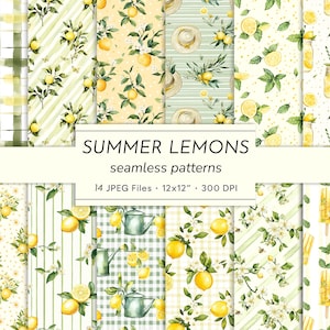 May include: A collection of watercolor seamless patterns with a summer lemons theme. The patterns feature lemons, flowers, and other summer elements. The text "SUMMER LEMONS" is displayed on a white banner. The patterns are 12x12 inches and 300 DPI.