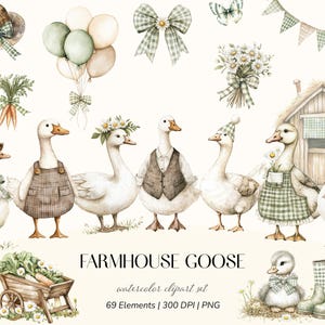 May include: Watercolor clipart set featuring charming geese in various outfits and accessories, including hats, aprons, and vests. The image also includes balloons, bows, a small house, and a cart filled with vegetables. The text reads "Farmhouse Goose".
