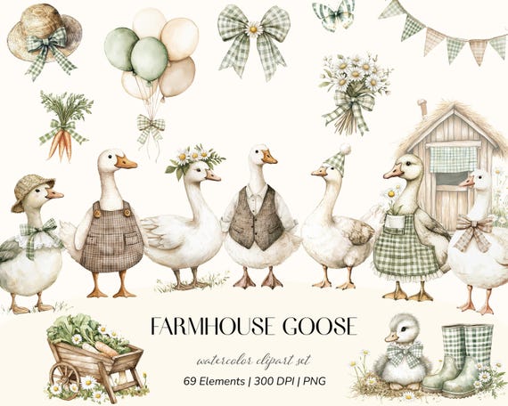 Farmhouse Goose Watercolor Clipart Set | Rustic Spring Countryside Animals