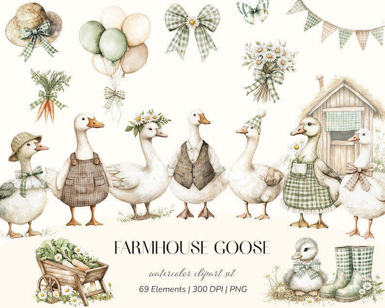 May include: Watercolor clipart set featuring charming geese in various outfits and accessories, including hats, aprons, and vests. The image also includes balloons, bows, a small house, and a cart filled with vegetables. The text reads "Farmhouse Goose".