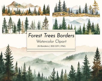 Watercolor Pine Forest Borders Clipart: Mountain Landscape PNG
