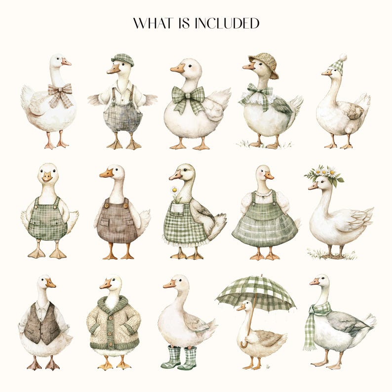 May include: Watercolor illustration featuring a collection of geese, each uniquely dressed in charming outfits. The geese are adorned with bow ties, hats, aprons, and even an umbrella, all in soft, muted colors. The text "WHAT IS INCLUDED" is at the top.
