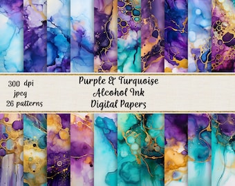 Purple and Turquoise Alcohol Ink Digital Papers