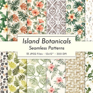 Island Botanicals – Motivi tropicali acquerellati senza soluzione di continuità, carta digitale botanica hawaiana, foglie di ibisco plumeria, giungla dell'isola