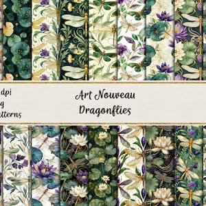 Libélulas e nenúfares em aquarela, padrões sem costura Art Nouveau, papel para scrapbook para impressão, uso comercial