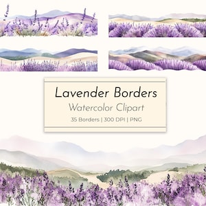 Clipart de bordes de campo de lavanda: flores de lavanda en acuarela. Bordes florales para invitaciones e imprimibles, uso comercial.