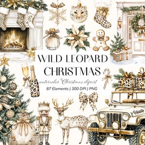 Wilde luipaard kerst aquarel clipart | Elegante vakantie in goud en luipaardprint, png