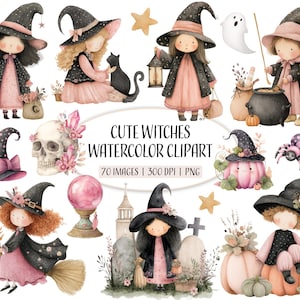 Akwarela słodkie czarownice Clipart, Różowy Halloween Clip Art, Wydrukowane Halloween Ilustracje, PNG, Scrapbooking, Użytek komercyjny
