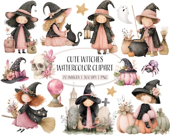 Aquarel heksen clipart, roze Halloween-illustraties (PNG)