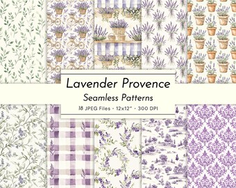 Lavender Provence – 18 Watercolor Seamless Patterns, French Countryside Digital Paper for Scrapbooking, Invitations & Fabric