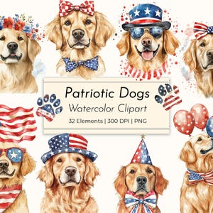 Clipart de cachorro patriótico – Ilustrações de Golden Retriever de 4 de julho – Adesivos de filhotes de cachorro dos EUA em aquarela, PNGs de sublimação, Scrapbooking