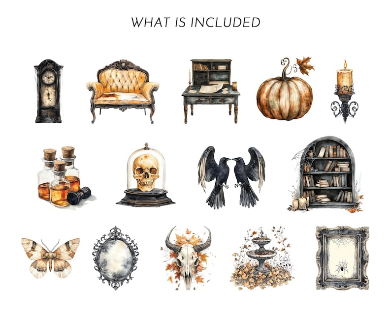 May include: Watercolor illustrations of various Halloween-themed items. Included are a grandfather clock, a tufted armchair, a desk, a pumpkin, a candle holder, potion bottles, a skull in a glass dome, two crows, a bookshelf, a butterfly, a mirror, a skull with horns, a fountain, and a framed spiderweb.