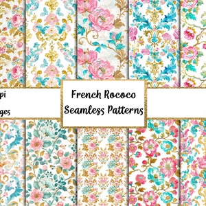 水彩花柄シームレスパターン、フランスロココ調デジタルペーパー、ピンクとターコイズブルーの背景、商用利用