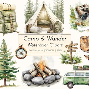 Camp & Wander – Clipart de Acampamento em Aquarela | Tenda na Floresta, Trailer, Fogueira, Cenas da Natureza | Pacote PNG Rústico para Uso Comercial