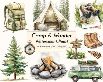 Watercolor Camping Clipart: Rustic Forest PNG Bundle (Commercial Use)