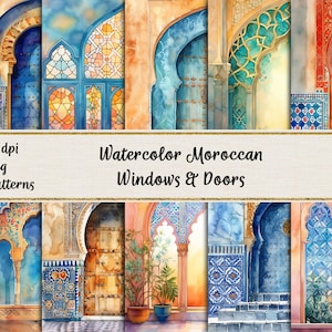 Portes et fenêtres marocaines à l'aquarelle, Arrière-plans imprimables, Scrapbooking, Journal du courrier indésirable, Papiers numériques à téléchargement immédiat, Utilisation commerciale