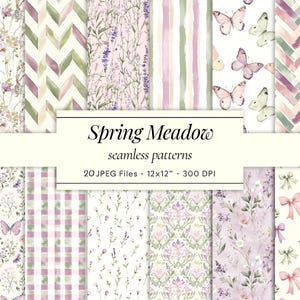 May include: A selection of watercolour seamless patterns in pastel shades. The designs feature floral motifs, butterflies, stripes, and geometric forms. The text "Spring Meadow seamless patterns" is displayed.