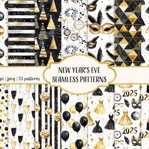 Padrões de véspera de Ano Novo, Celebrações de Ano Novo em aquarela, Padrões sem costura em preto e dourado, Papel para scrapbook para impressão, Uso comercial