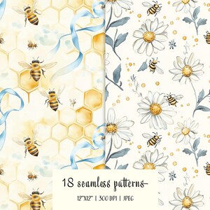 Puede incluir: Dos patrones sin costuras con ilustraciones de acuarela. Uno muestra abejas, panales y cintas azules. El otro muestra margaritas y abejas sobre un fondo crema. El texto dice "18 patrones sin costuras".