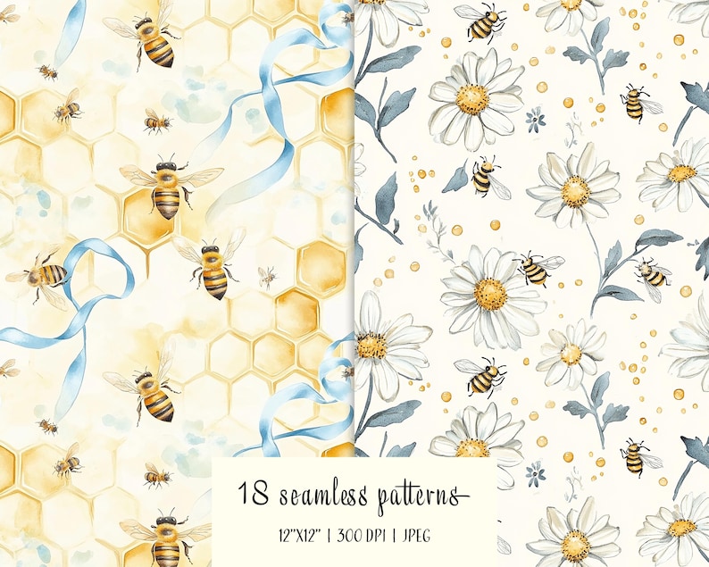 Puede incluir: Dos patrones sin costuras con ilustraciones de acuarela. Uno muestra abejas, panales y cintas azules. El otro muestra margaritas y abejas sobre un fondo crema. El texto dice "18 patrones sin costuras".