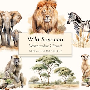 Wild Savanna Watercolor Clipart – African Animals, Trees, Leaves, Landscapes – Safari PNG Elements for Scrapbooking, Commercial Use