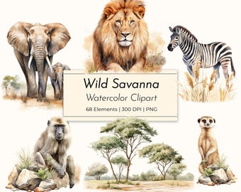 Clipart de safari en acuarela: Animales africanos, elementos PNG de paisaje de sabana