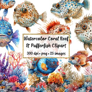Puede incluir: Conjunto de clipart de acuarela de 25 imágenes con coloridos peces globo y elementos de arrecife de coral. Las imágenes son de 300 dpi y en formato PNG.