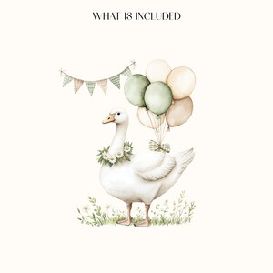 May include: Watercolor illustration of a white goose adorned with a daisy chain and holding balloons. The goose is standing in grass with daisies, and a banner is above. The text "WHAT IS INCLUDED" is at the top.
