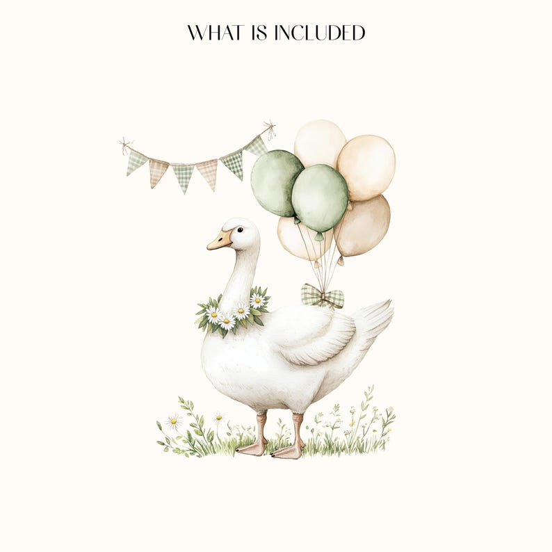 May include: Watercolor illustration of a white goose adorned with a daisy chain and holding balloons. The goose is standing in grass with daisies, and a banner is above. The text "WHAT IS INCLUDED" is at the top.