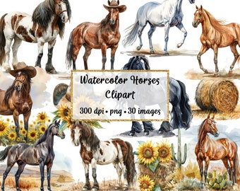 Op de afbeelding: Een set van 30 aquarelpaardenclipart-afbeeldingen. De afbeeldingen tonen paarden in verschillende poses en kleuren, waaronder bruin, zwart, wit en pinto. De afbeeldingen zijn perfect voor gebruik in digitaal scrapbooken, kaartmaken en andere knutselprojecten.