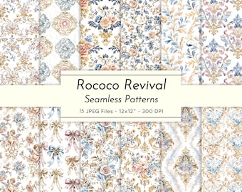 ロココ調の花柄シームレスパターン：ヴィンテージダマスクデジタルペーパー（デジタルダウンロード）