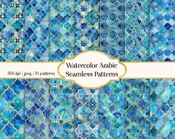 Watercolor Turquoise and Gold Arabic Patterns, Digital Papers, Commercial use