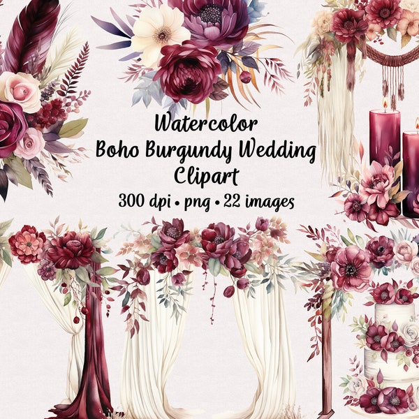 Watercolor Boho Burgundy Wedding Clipart