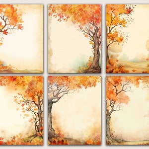 Peut inclure: Six illustrations à l'aquarelle d'arbres d'automne avec des feuilles orange, jaunes et brunes. Les arbres sont sur un fond brun clair avec un effet de lavis à l'aquarelle.
