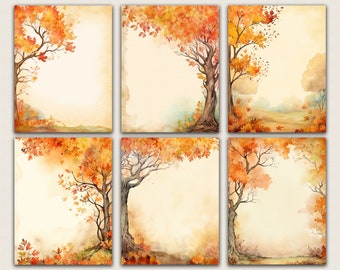 Watercolor Autumn Trees Borders, Printable Journal Pages, Commercial use