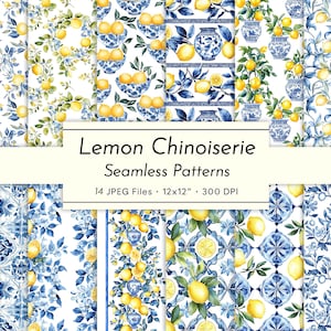 Chinoiseries citronnées, motifs aquarelles sans couture, agrumes méditerranéens et carreaux de porcelaine bleue, papier numérique pour le scrapbooking estival
