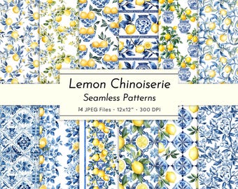 May include: A collection of seamless patterns featuring lemons and blue and white Chinoiserie designs. The patterns include lemons in bowls, on branches, and in tile-like arrangements. The text reads "Lemon Chinoiserie Seamless Patterns".