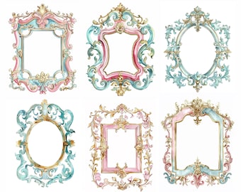 Watercolor Rococo Frames Clipart: Pink, Turquoise & Gold (PNG Digital Download)
