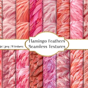 May include: A digital paper pack of 16 seamless flamingo feather textures. The textures are in various shades of pink and red. 300 dpi | jpeg | 16 textures. Flamingo Feathers Seamless Textures
