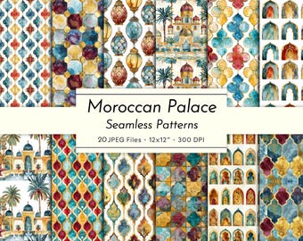 Watercolor Moroccan Palace, Arabic Seamless Patterns, Printable Scrapbook Paper, Commercial use
